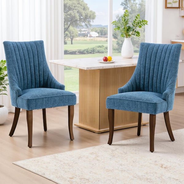 Sumptuous Blue Linen Dining Chairs Set of 2, Channel Tufted Upholstered Dining Chair with Curved Solid Wood Legs