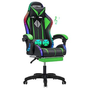 Green-Black PVC Leather Massage LED Reclining Gaming Chair with Bluetooth Speaker with Footrest Headrest Lumbar Support