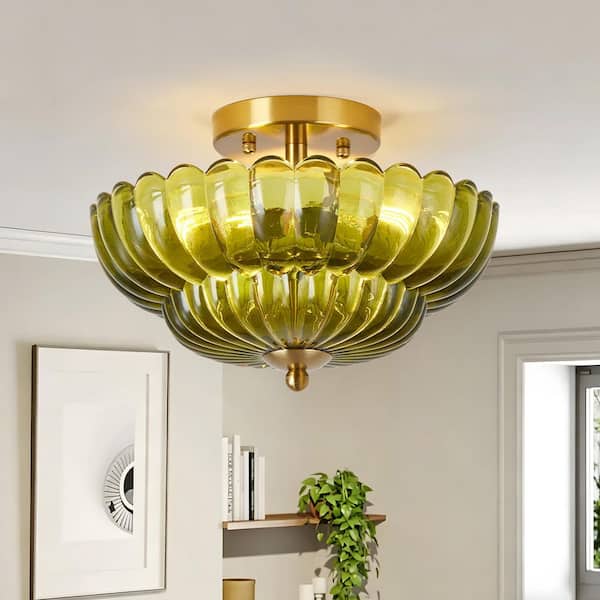 11.80 in. 3-Bulb Dome Gloss Vintage Green Glass Semi-Flush Mount for Bedroom Kitchen Living Room, No Bulb(s) Included