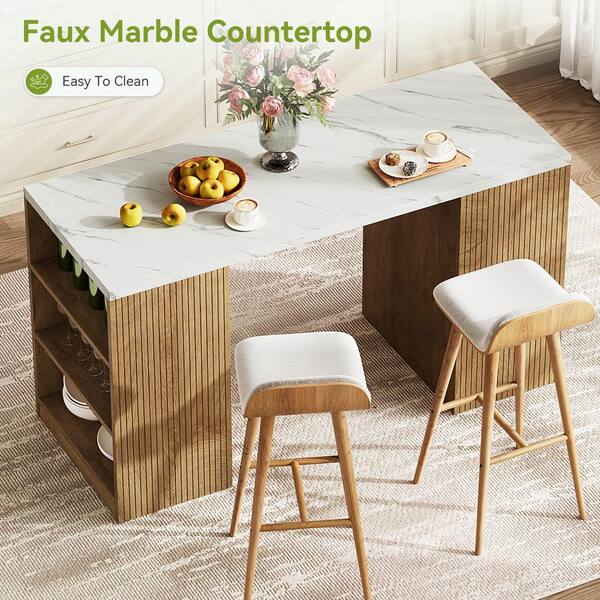 White Marble Top 63 in. Farmhouse Kitchen Island with Wood Legs, Stationary Island Table with 6 Shelves