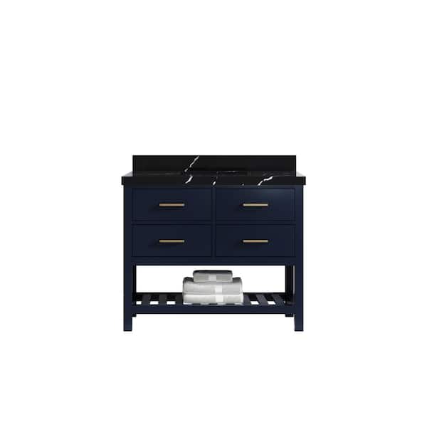 Willow Collections Parker 42 in. Single Sink Freestanding Navy Blue Bath Vanity with Calacatta Black Qt. Top Unassembled