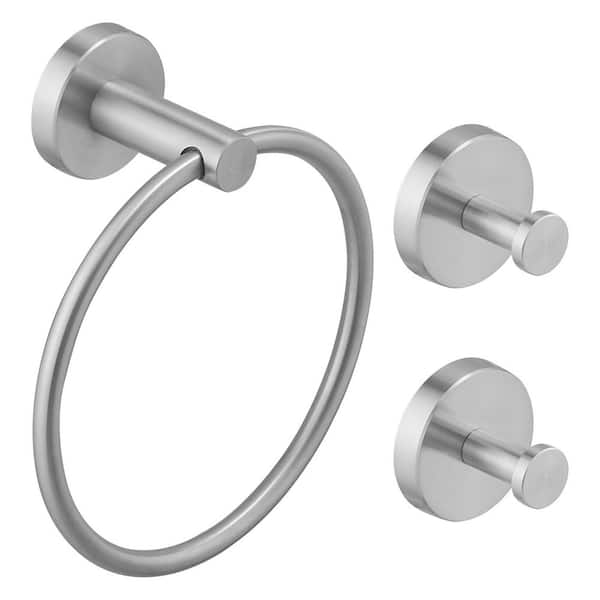 HOMEMYSTIQUE 3-Piece Bath Hardware Set withTowel Ring and 2-Piece Towel Hooks andMountingHardware Wall Mount Modern in Brushed Nickel