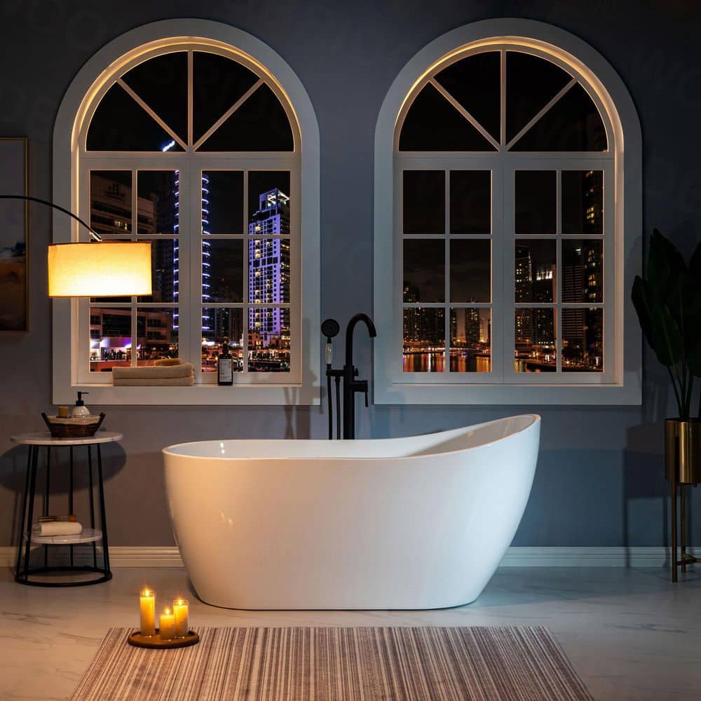 59" White Acrylic Freestanding Single Slipper Bathtub with Brushed Nickel Trim