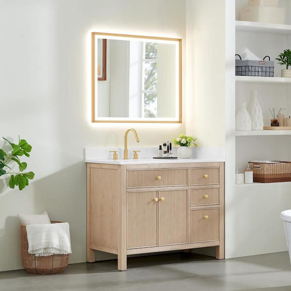 Cerrito 42 in. Single Freestanding Natural Oak Bath Vanity with Grain White Engineered Stone Top Assembled, Mirror