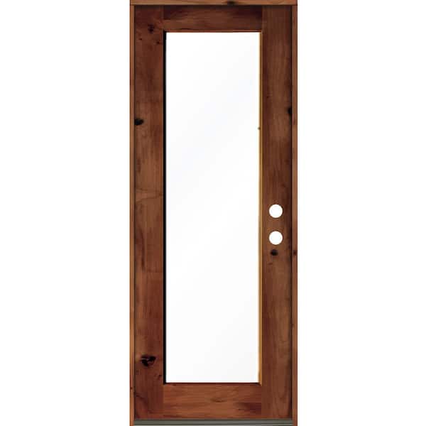 Krosswood Doors 32 in. x 96 in. Rustic Knotty Alder Wood Clear Full-Lite Red Chestnut Stain Left Hand Inswing Single Prehung Front Door