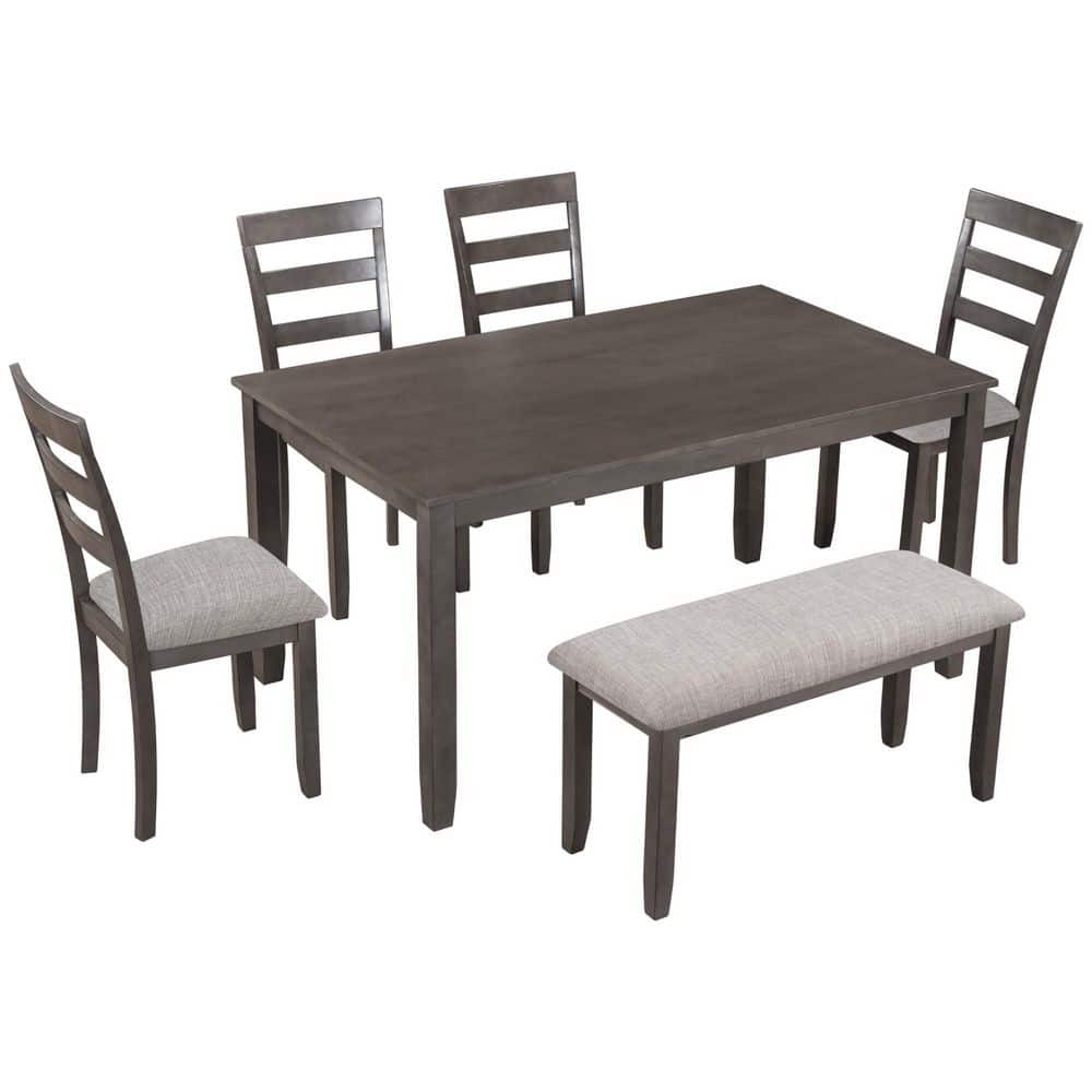 URTR 6Piece Wood Top Gray Kitchen Table Set with Bench, Dining Table Set Table Set with
