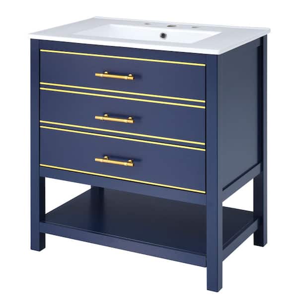 Unbranded 30 in. W x 18 in. D x 34 in. H Freestanding Bath Vanity in Blue with White Resin Top and Open Storge