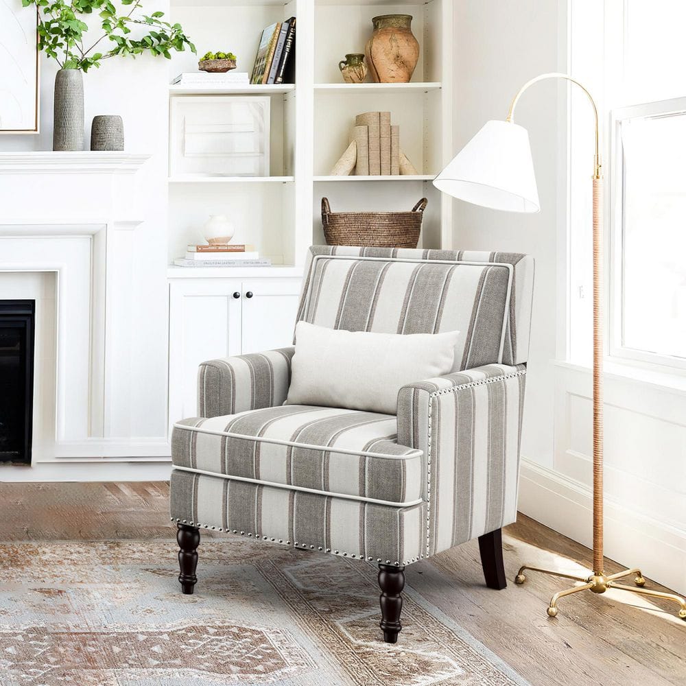 35 in. Gray White Stripe Fabric Traditional Accent Arm Chair with Wood Frame and Nailhead Trim (Set of 1) price history on PriceWatchPro