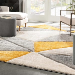 San Francisco Venice Yellow Modern Geometric Abstract 5 ft. 3 in. x 7 ft. 3 in. 3D Carved Shag Area Rug