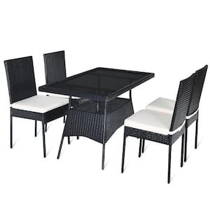 5-Piece Wicker PE Rattan Outdoor Dining Set with White Cushions, High Back Chair