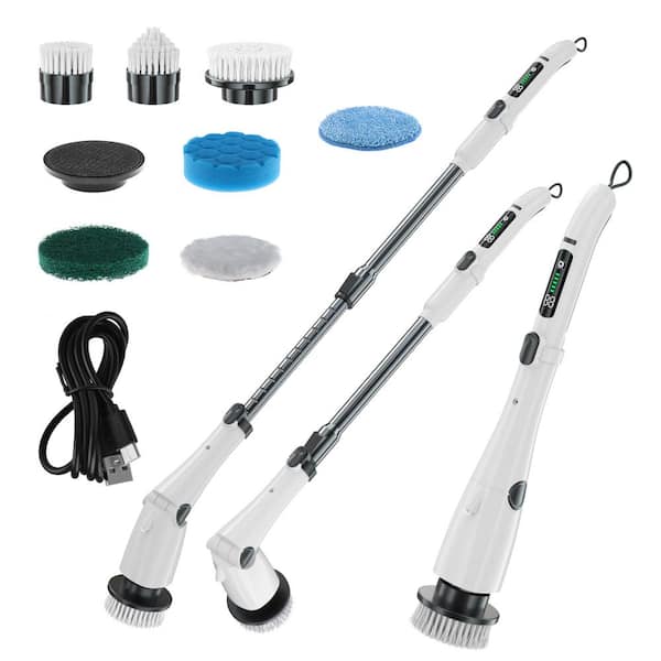 Electric Spin Scrubber, IPX7 Waterproof, 7-Replaceable Brush Heads, Adjustable Extension Handle, 3-Speeds, Sweeper