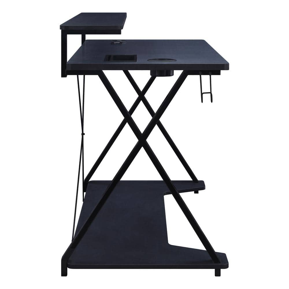 Black Gaming Desk with RGB LED Lights and Dual Monitor Shelf