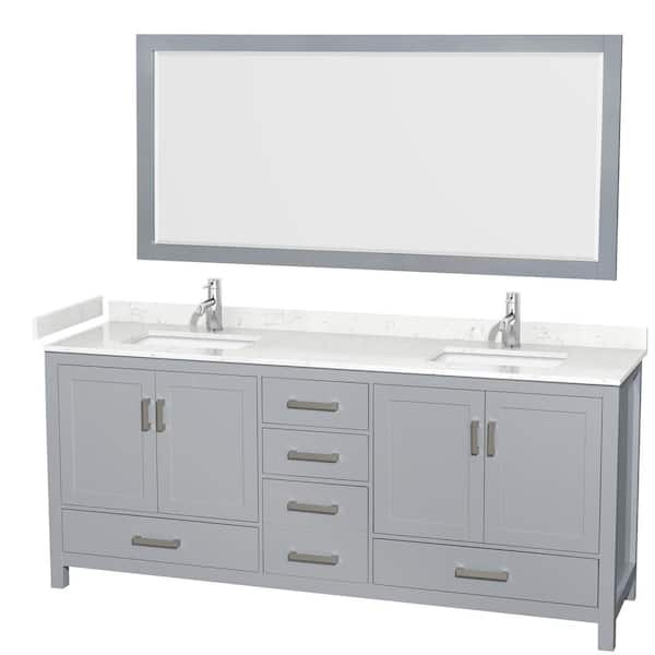 Wyndham Collection Sheffield 80 in. W x 22 in. D x 35 in. H Double Bath Vanity in Gray with Carrara Cultured Marble Top and 70" Mirror