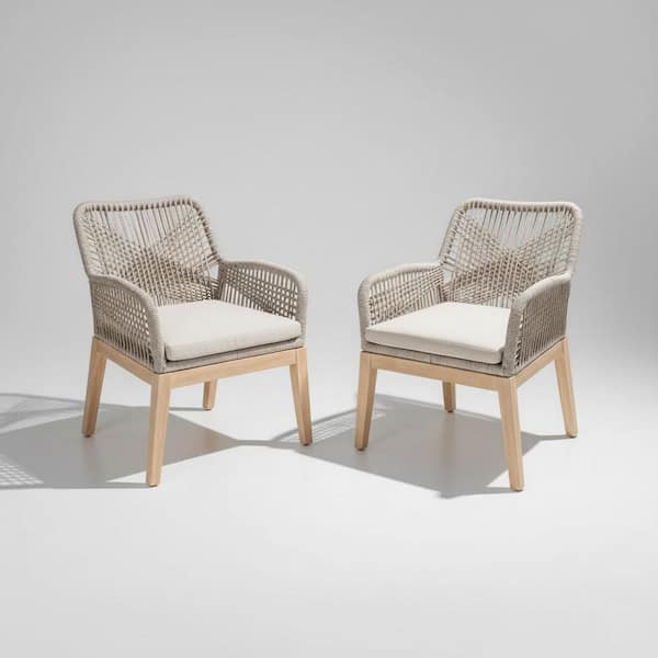 Ottawa Beige Arm Wood Rope Outdoor Dining Chair with Beige Cushion (2-Pack)