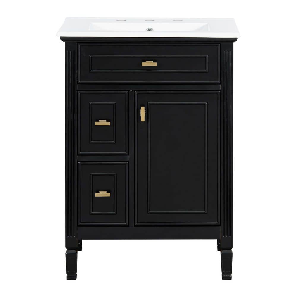 24 in. Single Sink Freestanding Black Bath Vanity with White Ceramic Sink Top, Solid Wood Cabinet with Flip Drawer price history on PriceWatchPro