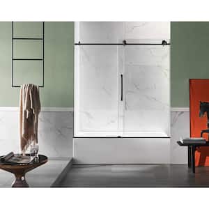 5 ft. Acrylic Left Drain Rectangle Tub in White with 60 in. W x 62 in. H Frameless Sliding Tub Door in Matte Black