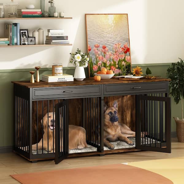 FUFU&GAGA Modern Large Dog Kennel Furniture with 2 Drawers, Indestructible Dog Cage with Removable Irons, Black and Tiger Skin