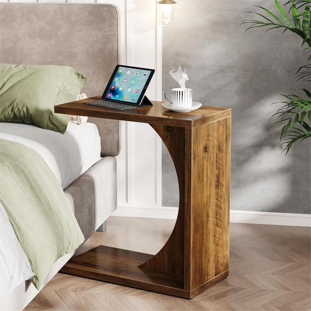 Kerlin 2PCS 23.62 in. Rustic Brown C-Shaped Engineered Wood End Table,Couch Table Small Sofa Side Table for Small Space - thumbnail 4