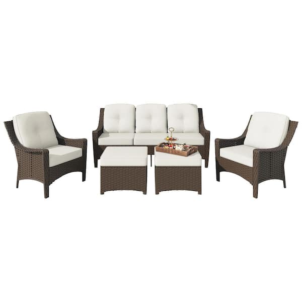 5-Piece Wicker Patio Furniture Set with Beige Cushions, 3-Seater Sofa, Armchairs, and Ottomans