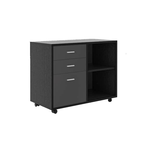 Wateday Black File Cabine with 3-Drawers and Open Shelf