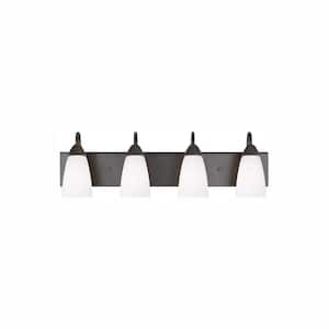 Seville 28 in. 4-Light Bronze Transitional Modern Wall Bathroom Vanity Light with White Glass Shades and LED Bulbs