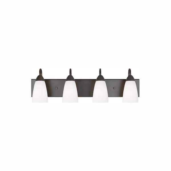Generation Lighting Seville 28 in. 4-Light Bronze Transitional Modern Wall Bathroom Vanity Light with White Glass Shades and LED Bulbs