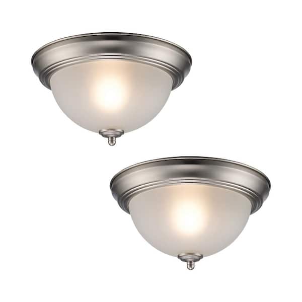 11.25 in. 1-Light Brushed Nickel Flush Mount Ceiling Light Fixture with Frosted Glass Shade (2-Pack)