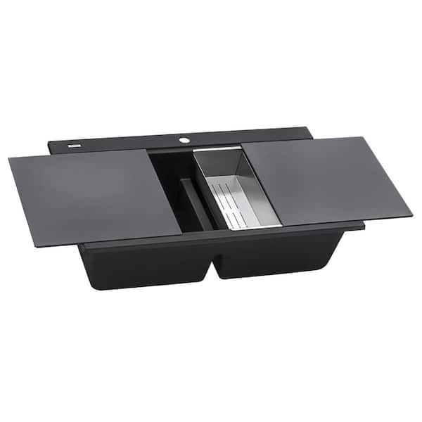 Ruvati epiGranite 34 in. Drop-in Double Bowl Workstation Kitchen Sink in Midnight Black Granite Composite with Accessories