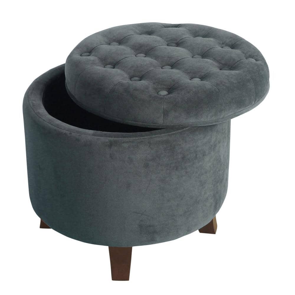Dark Gray Velvet Tufted Round Storage Ottoman