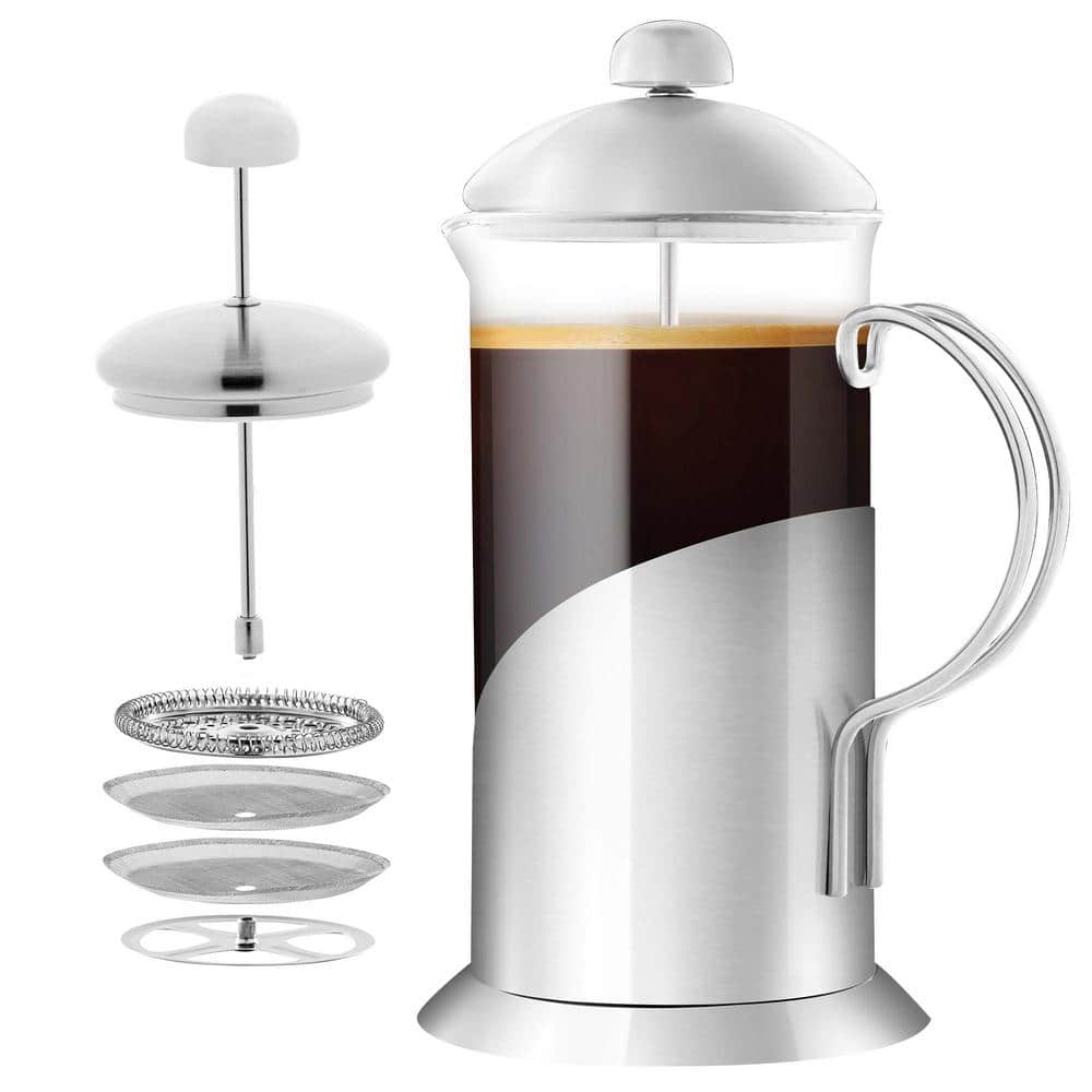 Ovente French Press Coffee and Tea Maker, Stainless Steel, Nickel Brushed,  34 oz, 8 cup, Horizontal (FSH34S)