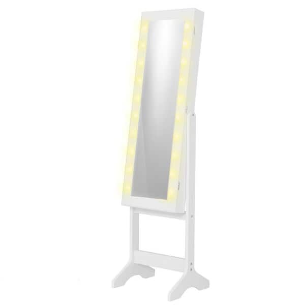 16 in. x 61.5 in. White Freestanding Lockable MDF Jewelry Armiore with Full-Length Mirror and LED Lights
