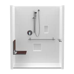 Trench Drain 60 in. x 34 in. x 76-3/4 in. 1-Piece Shower Stall Left Walnut Seat with Grab Bars and Shower Valve in White