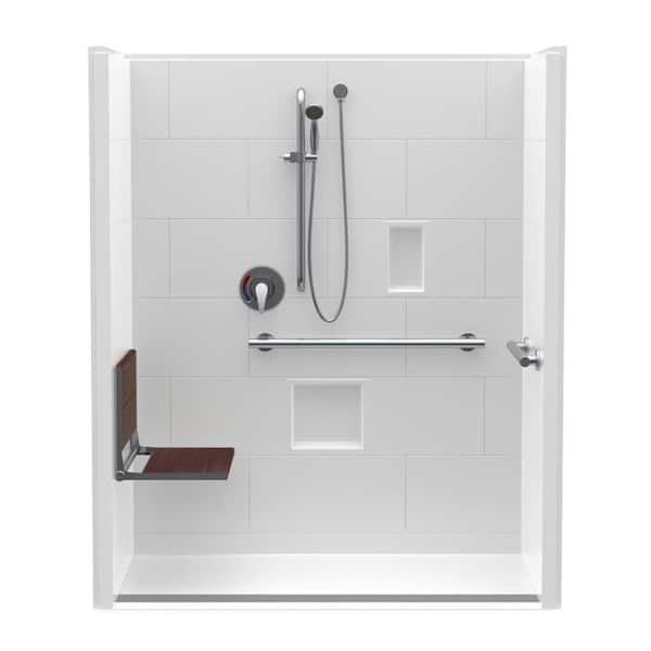 Aquatic Trench Drain 60 in. x 34 in. x 76-3/4 in. 1-Piece Shower Stall Left Walnut Seat with Grab Bars and Shower Valve in White