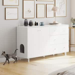 Cat House Storage Cabinet Side Table with 6-Drawer Cat Litter Box Enclosure,Wood Television Stand For Living Room,White