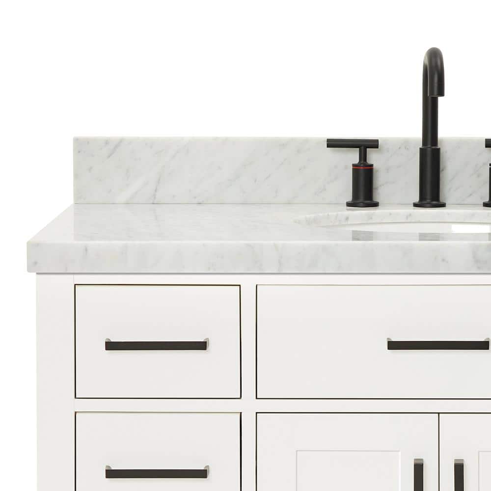 White Freestanding Vanity with Carrara Marble Top and Basin