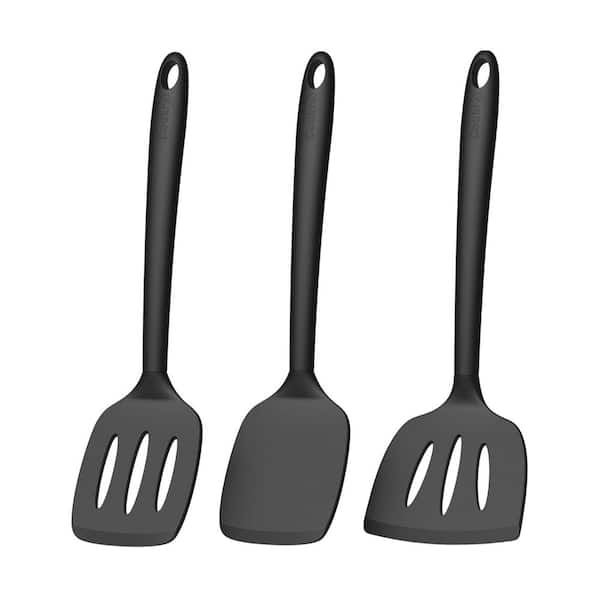 PureBlack Heat Resistant Silicone Spatula Set of 3 Kitchen Utensils Non Stick Turner Solid Slotted Fish Flipper