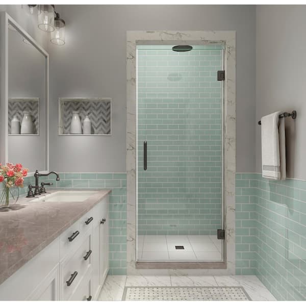 Aston Kinkade XL 32.25 in. - 32.75 in. x 80 in. Frameless Hinged Shower Door with StarCast Clear Glass in Bronze