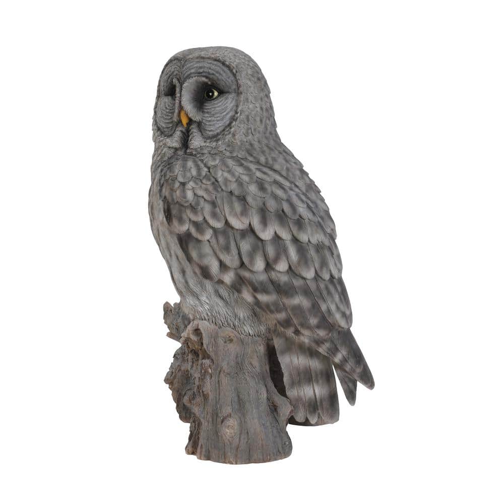 Grey Polyresin Owl on Tree Stump Statue
