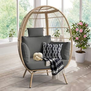 Patio Wicker Indoor/Outdoor Lounge Egg Chair with Gray Cushions