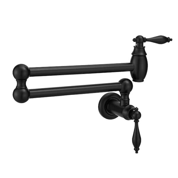 Single Hole Wall Mounted Pot Filler Kitchen Sink Faucet Folding Stretchable with 2 Handles in Black Brass