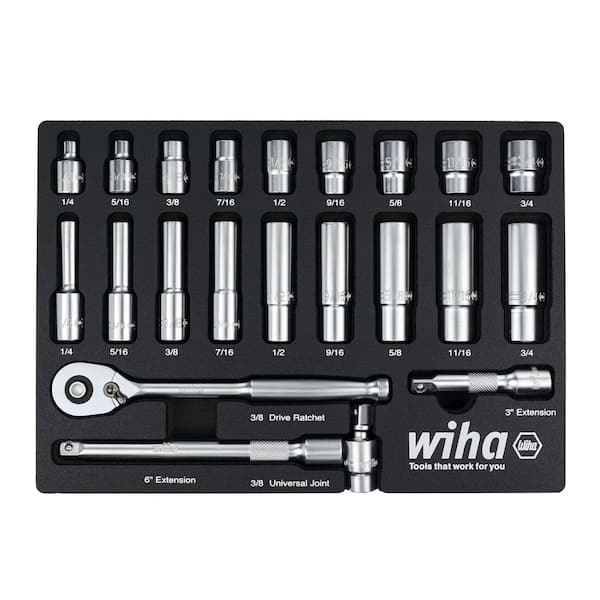 Wiha 3/8 in. Deep Socket Tray Set - SAE (22-Piece) Drive Professional Standard