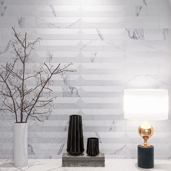 Paloma Calacatta Pirámide 2.95 in. x 11.81 in. Satin Ceramic Subway Wall Tile (10.76 sq. ft./Case)