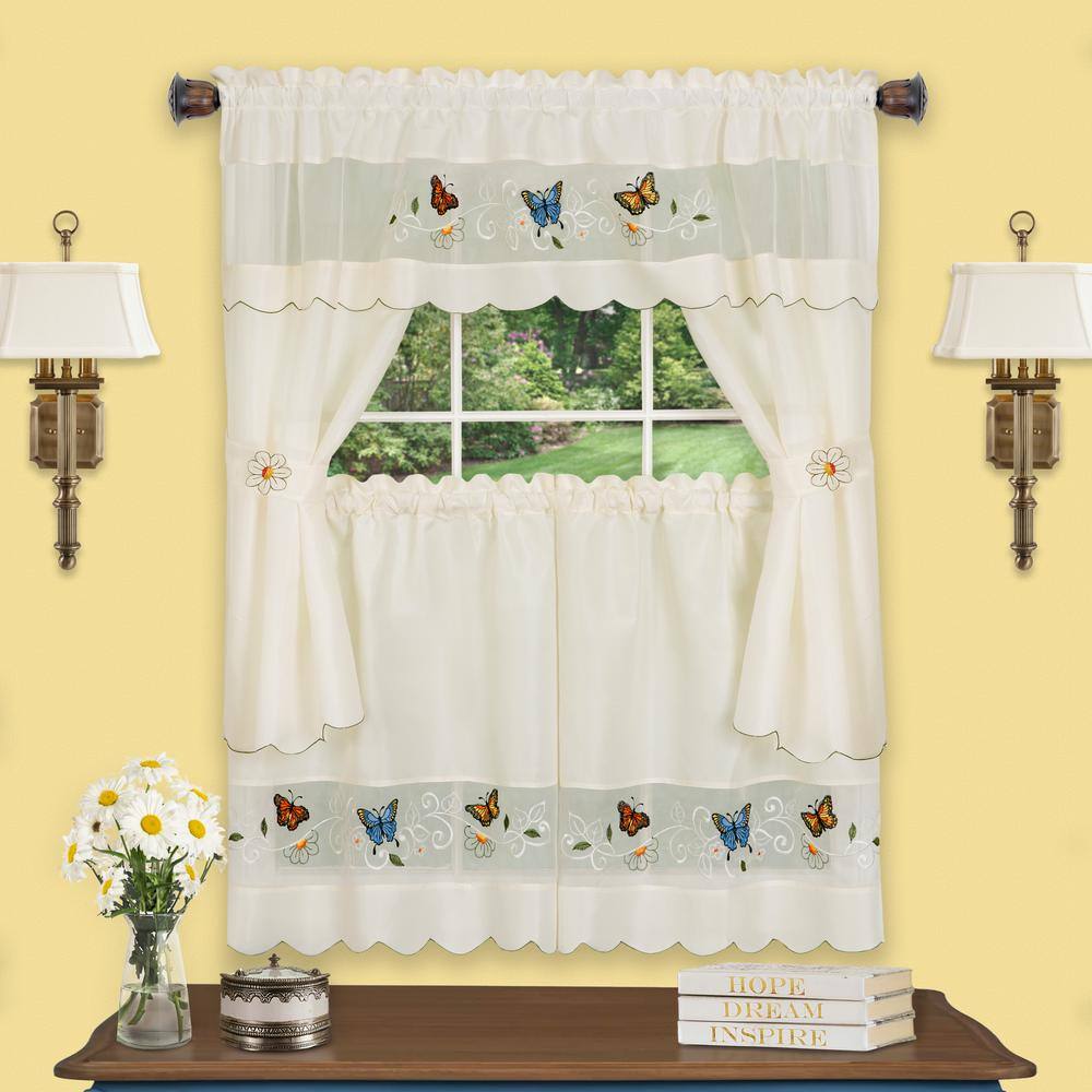 Daisy Meadow Blue Butterfly Embellished Cottage Window Curtain Set