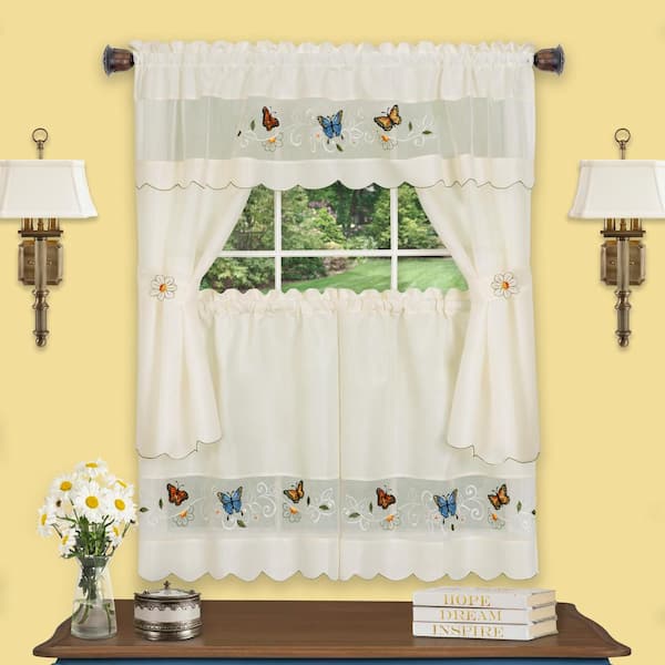 Daisy Meadow Multi-Color Polyester Light Filtering Rod Pocket Embellished Cottage Curtain Set 58 in. W x 36 in. L