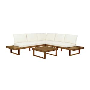 Didier Natural 4-Piece Acacia Wood Outdoor Patio Conversation Set with Beige Cushions