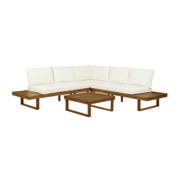 Linon Home Decor Didier Natural 4-Piece Acacia Wood Outdoor Patio Conversation Set with Beige Cushions