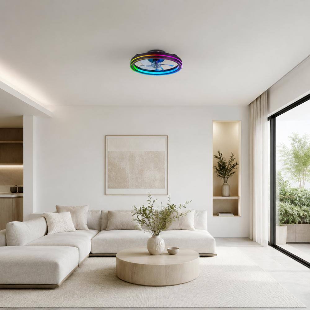 18.9 in. LED Indoor Flush Mount Black Ceiling Fan with RGB Lighting and App Control