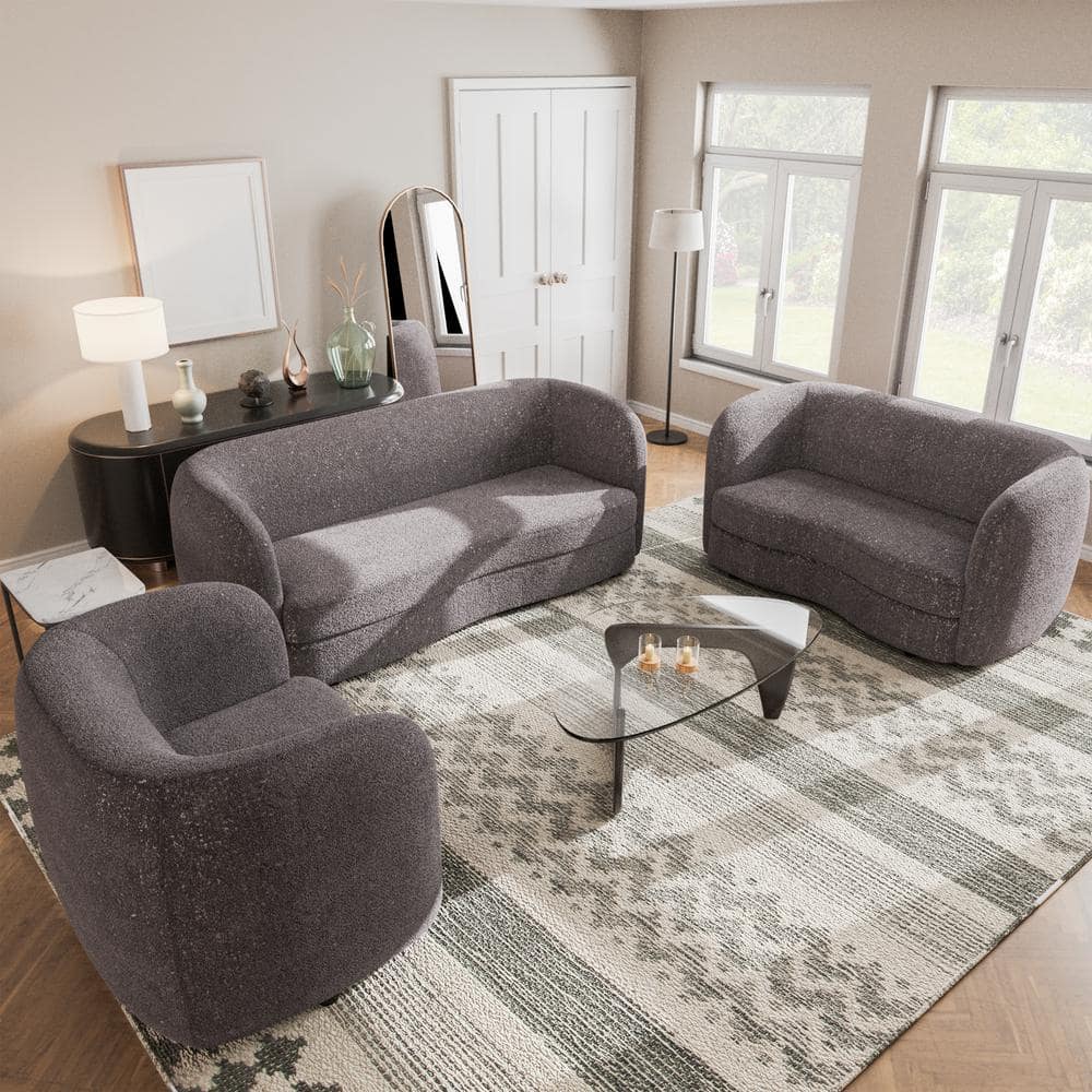 Charcoal Gray Boucle Fabric Curved Loveseat with Wooden Legs