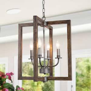 Brown Caged Chandelier, Faux Wood 4-Light Brushed Silver Geometric Dining Room Chandeliers Modern Island Pendant Light