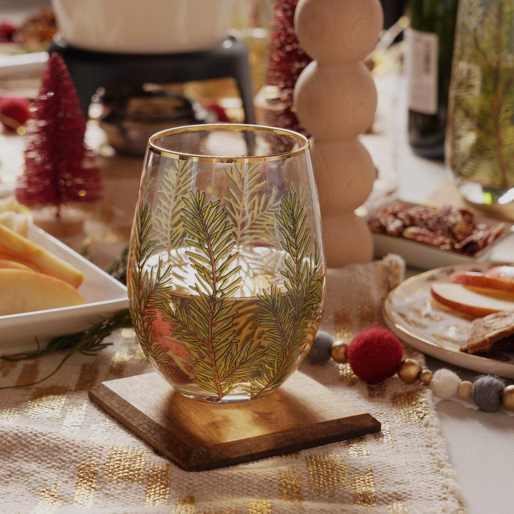 Winter Woodland Stemless Wine Glasses with Gold Rim, 16oz, Set of 2
